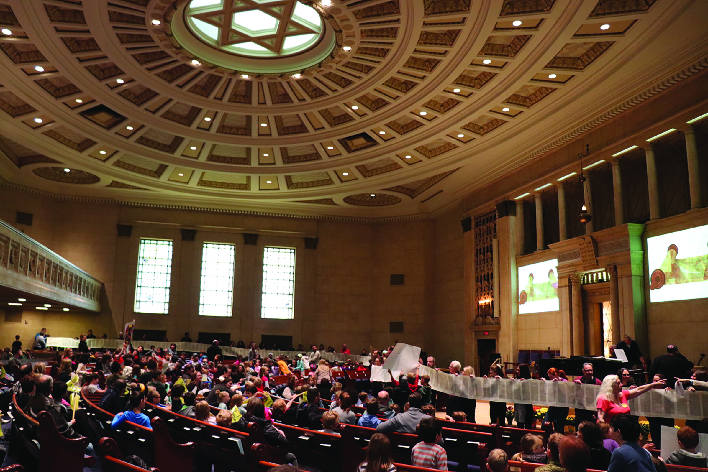All of Temple Israel’s sanctuary lighting was converted to LED bulbs, saving energy, money and time not having to replace the bulbs. (Photo Temple Israel)