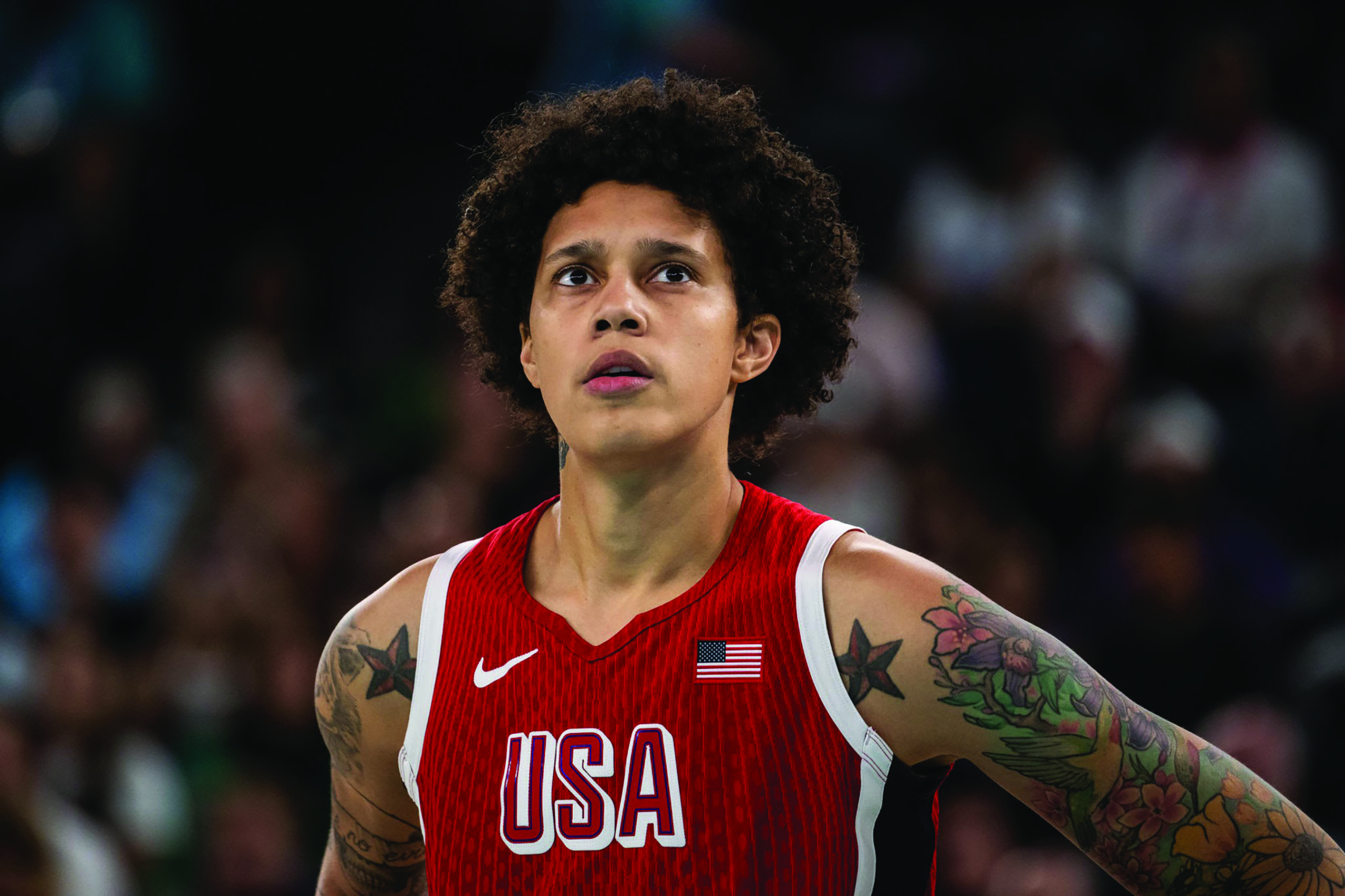 Brittney Griner at the women ́s quarterfinal match between Nigeria and USA on day twelve of the Olympic Games Paris 2024 at Bercy Arena on August 7 in Paris, France. (Photo by Marvin Ibo Guengoer - GES Sportfoto/Getty Images)