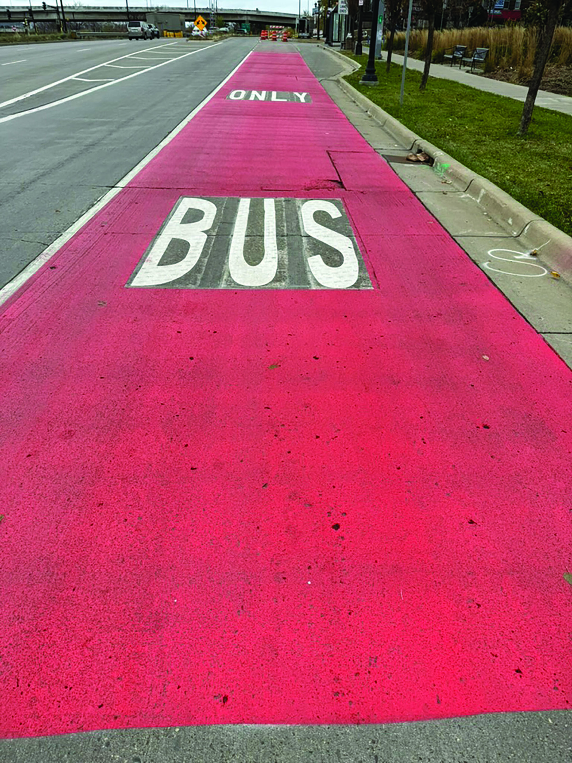 New "bus only" red lane on Hennepin Avenue.
