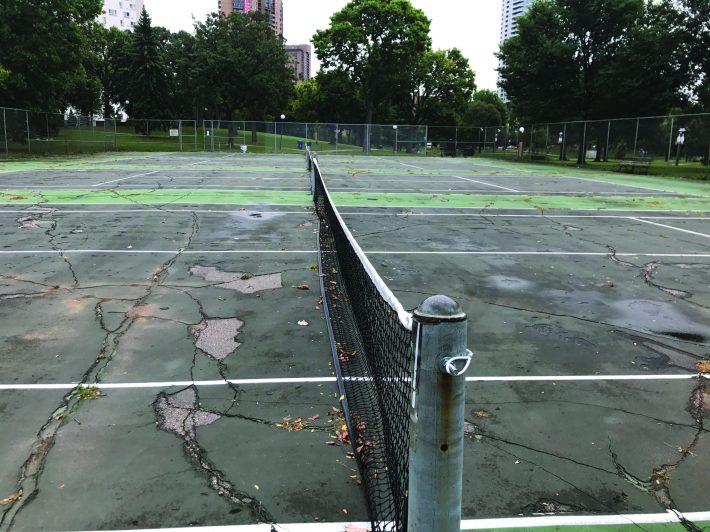 The Loring Park tennis courts in 2017 and 2024