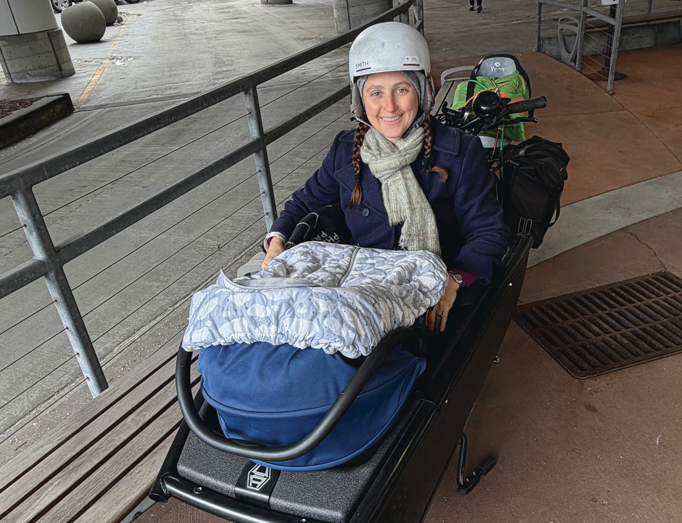 Katie Jones, loaded up and ready to bike home with her newborn son, Hans.